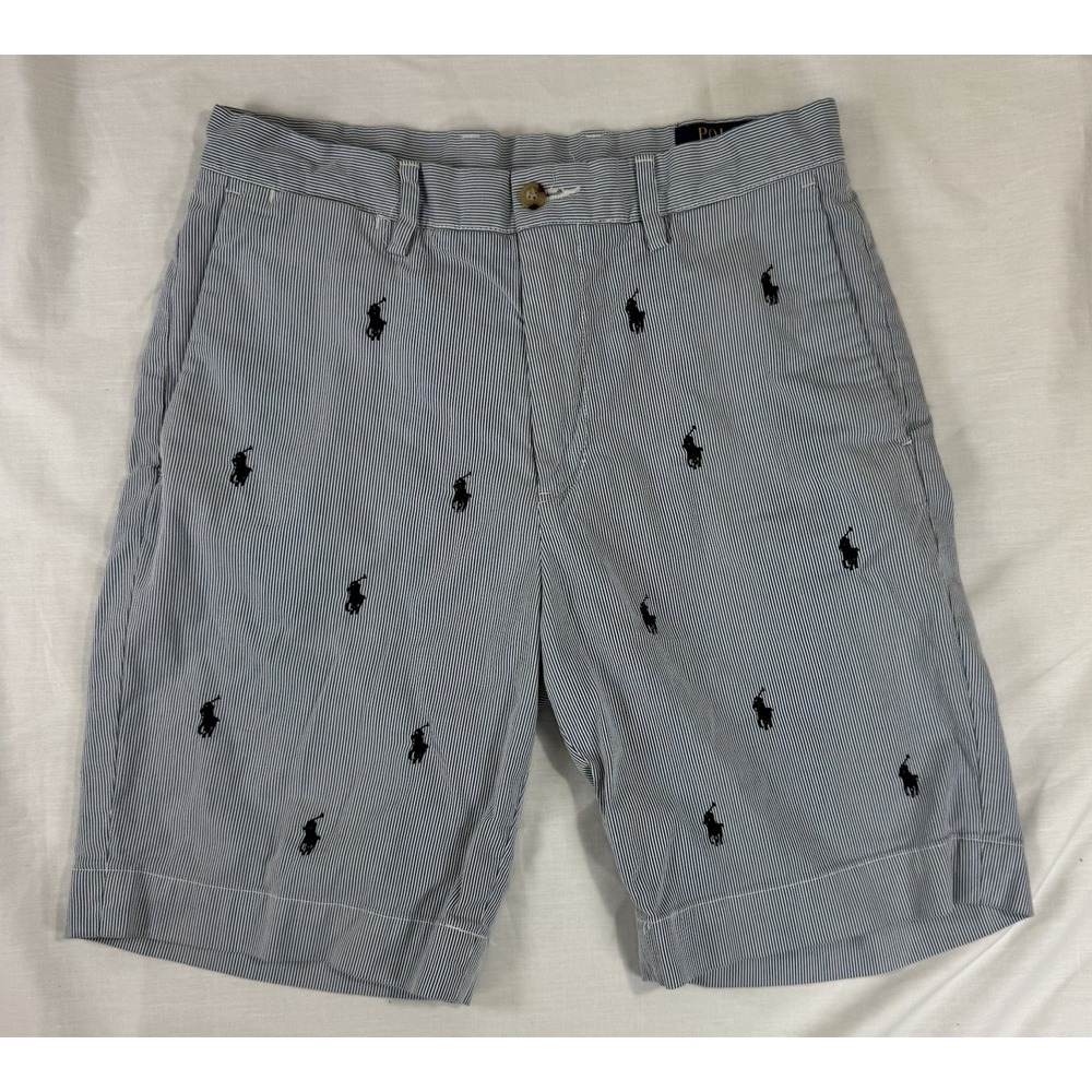 Polo Ralph Lauren Shorts Blue White Seersucker Chino Pony Logo All Over Mens 29